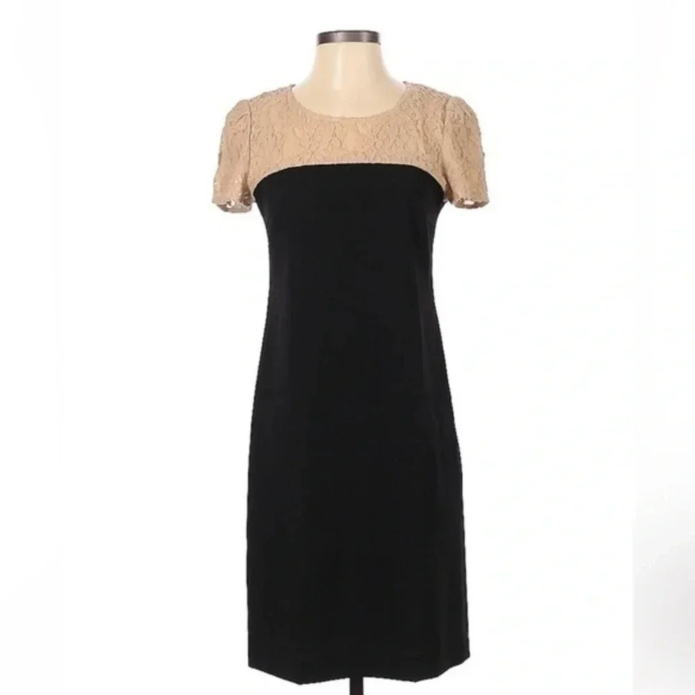 DKNY Y2K Black & Tan Floral Lace Overlay Classic Sheath Cocktail Dress Size 2